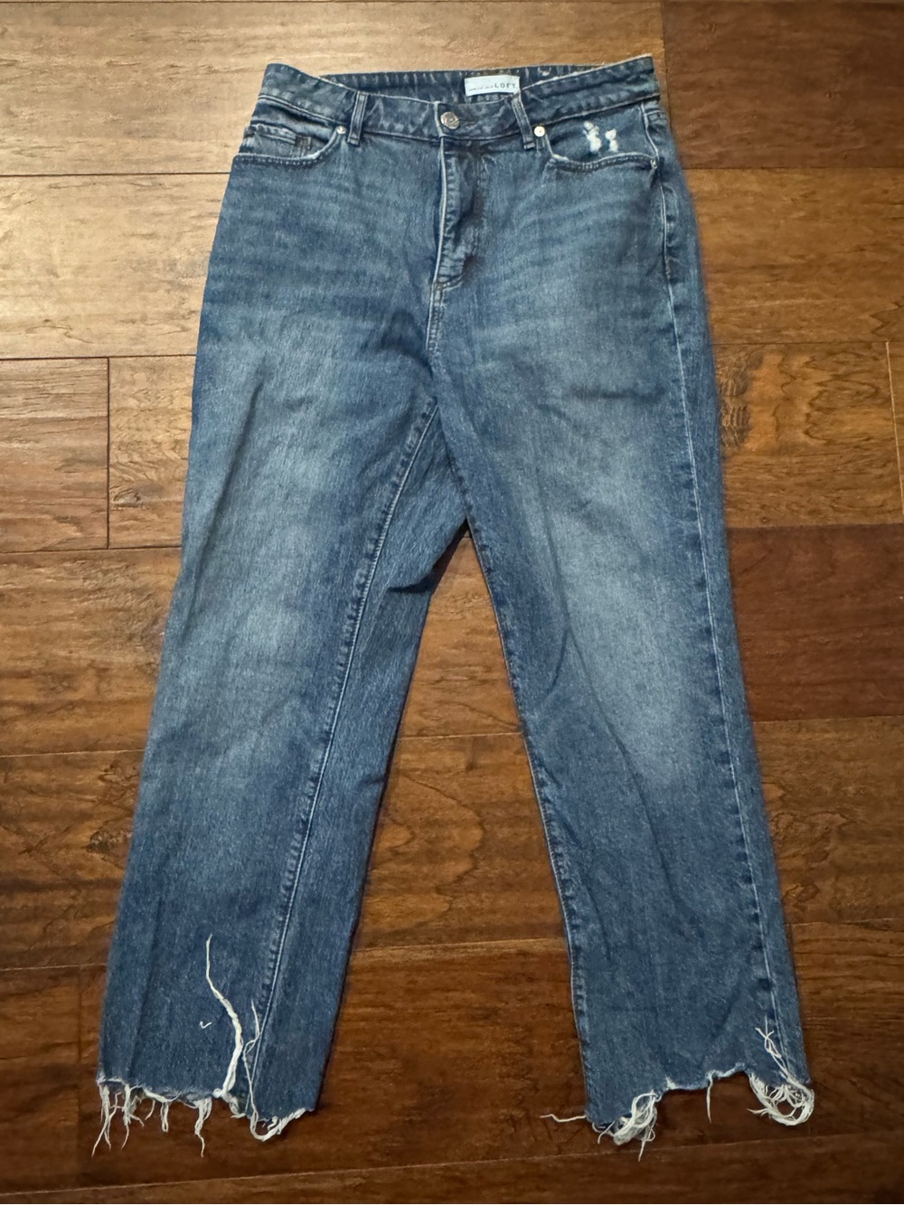 LOFT - Straight Leg, Curvy High Waist Crop Jeans in Classic Blue with Frayed Hem